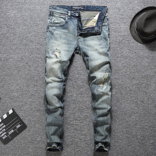 Italian Designer Men Jeans High Quality Slim Fit Cotton Rip\Jeans