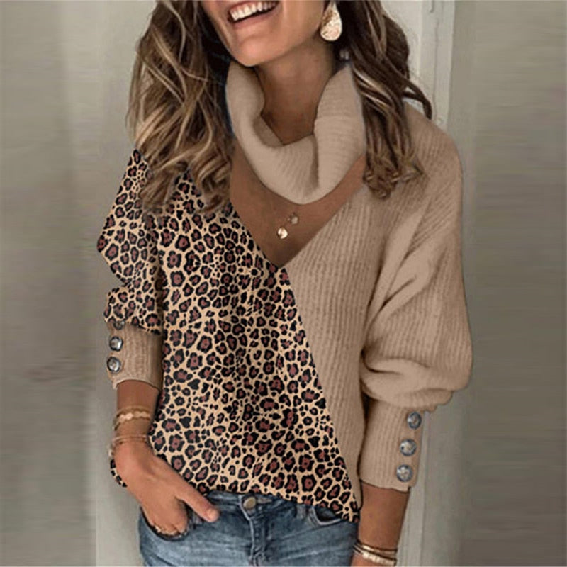 Women Sweaters Knitted Leopard Patch Sweater