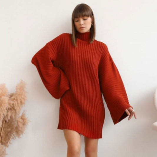 Turtleneck Knitted Flare Sleeve Dress