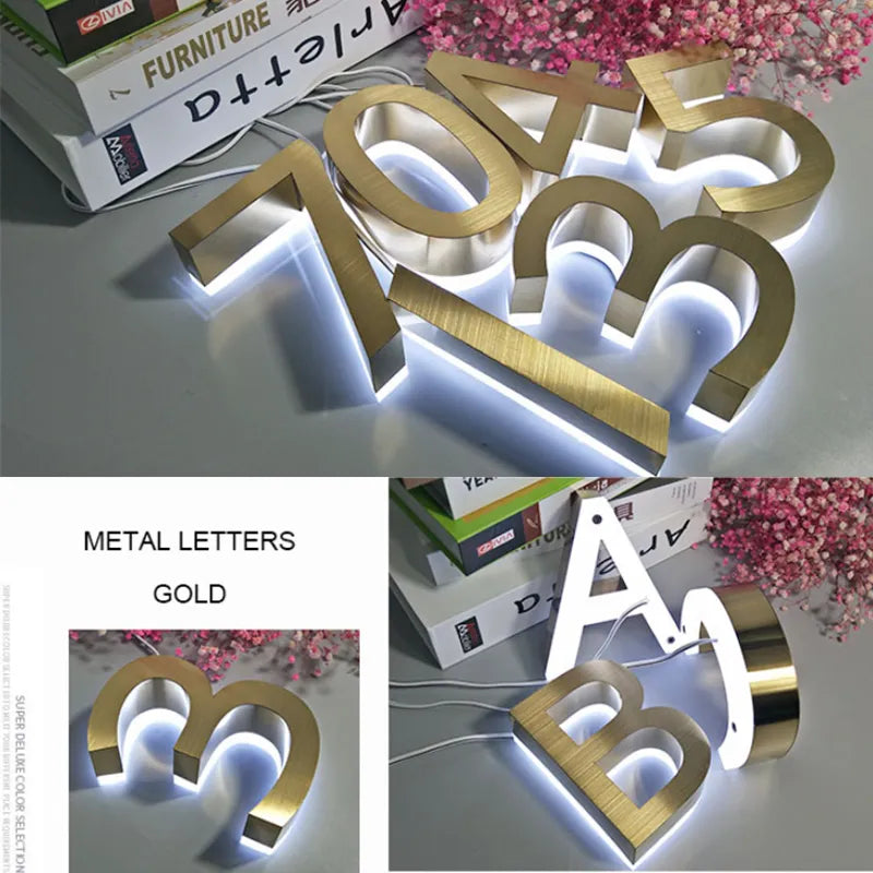 Gold 3D LED House Number Sign for Indoor-Outdoor Use