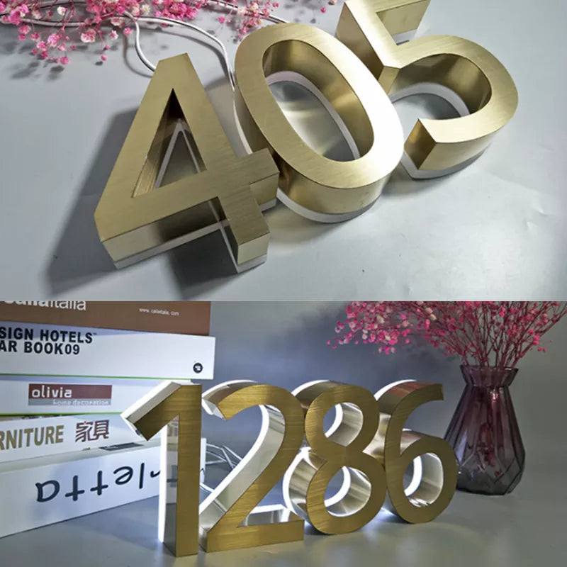 Gold 3D LED House Number Sign for Indoor-Outdoor Use